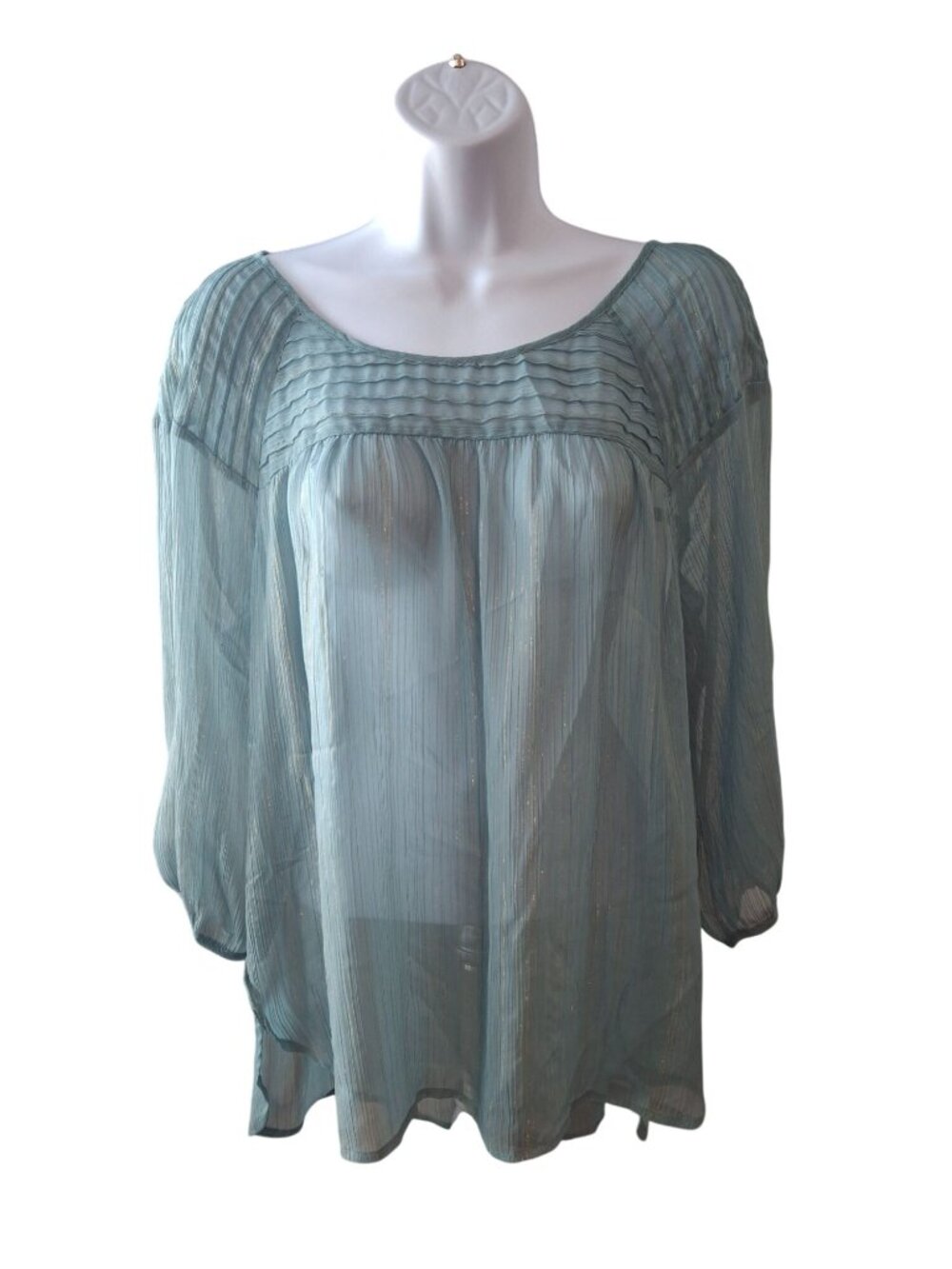 LC Lauren Conrad Peasant Blouse XL Aqua Sheer Boho Cottagecore Metallic Coastal